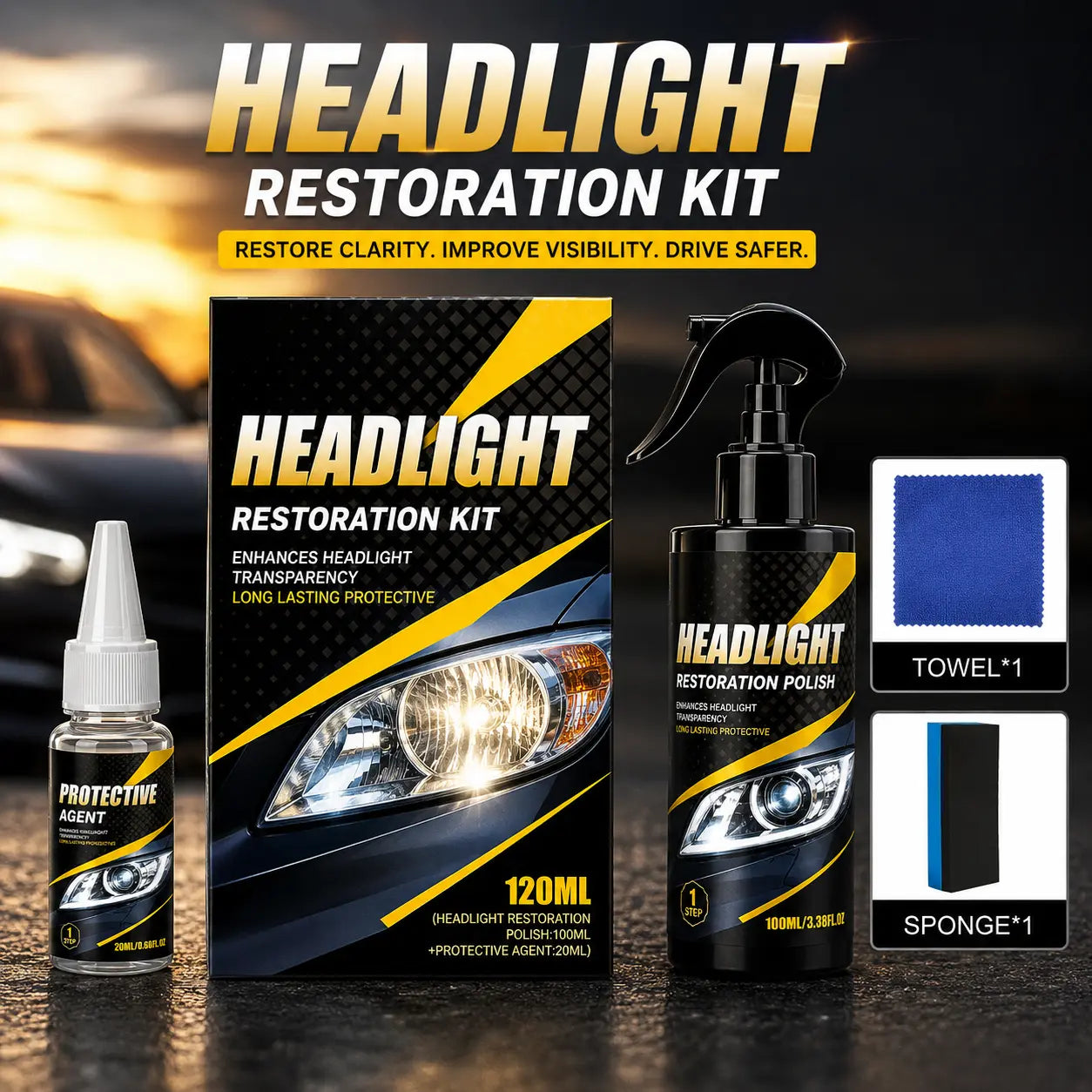 Headlight Restoration Kit – Remove Yellowing & Restore Clarity YT